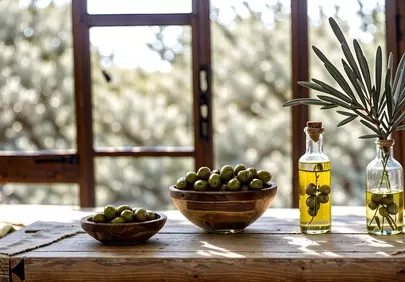 Rustic Mediterranean: Olive Oil & Fresh Olives on Wood