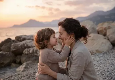 Heartwarming Sunset Embrace: Mother and Child's Beach Love