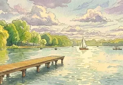 Serene Watercolor Lake: Summer Afternoon Reflection