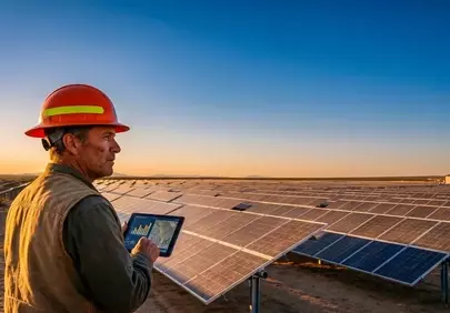 Engineer Optimizes Solar Farm Operations at Sunset