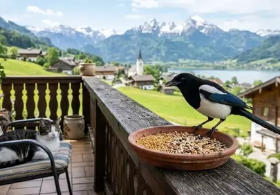 Charming Alpine Balcony: Cat, Magpie, and Majestic Mountain Vistas