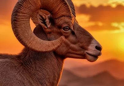 Majestic Bighorn Ram Silhouetted Against a Fiery Desert Sunset