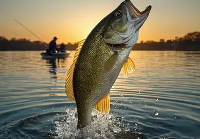 Dramatic Bass Leap: Golden Hour Fishing Adventure
