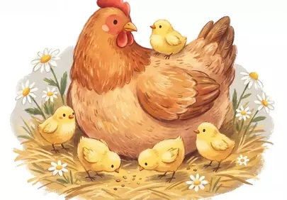 Charming Watercolor: Hen and Chicks in a Daisy Meadow