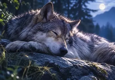Serene Slumber: A Lone Wolf's Peaceful Mountain Night