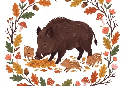 Charming Autumn Wild Boar Family in Whimsical Woodland