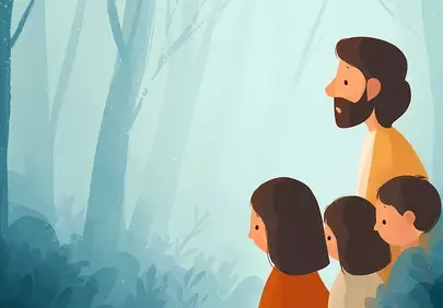 Divine Guidance: Jesus and Children in Misty Forest
