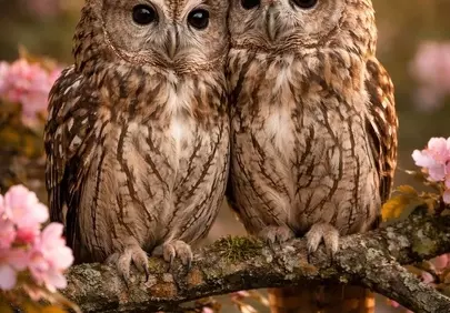 Charming Owl Duo Amidst Cherry Blossoms