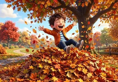 Joyful Autumn Play: Boy Leaping into a Mountain of Golden Leaves