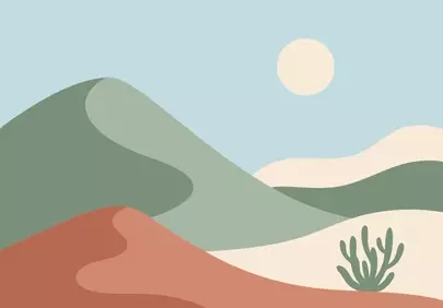Minimalist Desert Landscape: Sun, Dunes, and Cactus Art