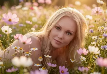 Enchanting Blonde Beauty in Golden Wildflower Meadow