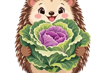 Charming Hedgehog Hugs Vibrant Ornamental Cabbage Illustration