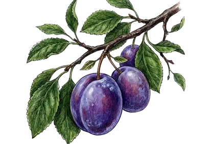 Vibrant Plum Branch: Hand-Drawn Botanical Harvest