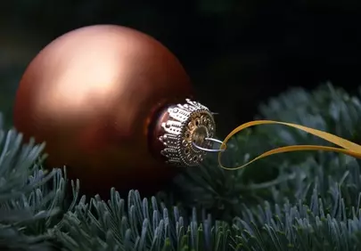 Enchanting Bronze Bauble on Evergreen Branches: A Winter Holiday Delight