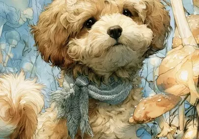 Enchanting Fluffy Poodle Puppy in a Magical Mushroom Forest