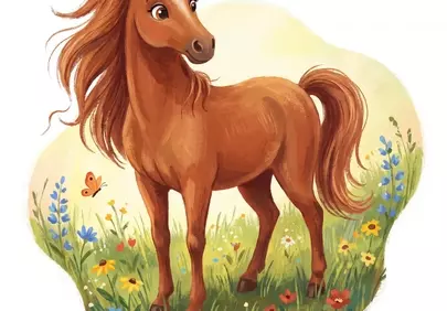 Charming Chestnut Pony frolics in a vibrant wildflower meadow.
