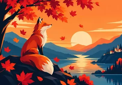 Vibrant Autumn Fox: Serene Sunset Mountain Lake View