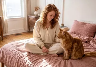Cozy Morning Bliss: Woman and Cat on Pink Bedding