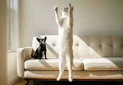 Joyful Pet Play: White Cat Leaping with Chihuahua in Sunlight