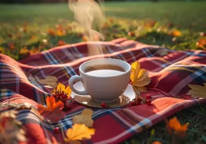 Autumn Bliss: Steaming Coffee on a Picnic Blanket in Nature