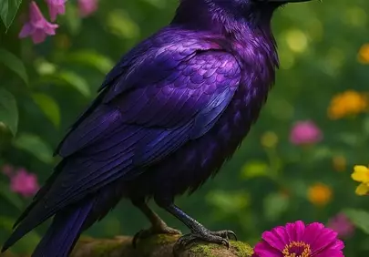 Mystical Amethyst Raven Perched in a Vibrant Fantasy Garden