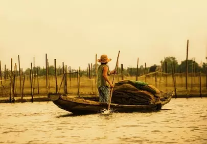 Serene Sunset: Traditional Vietnamese Fisherman on Lagoon