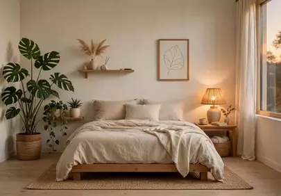 Serene Sunset Sanctuary: Minimalist Bedroom Retreat with Natural Accents