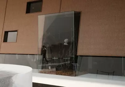 Stunning Modern Interior: Glass Display & Textured Wall