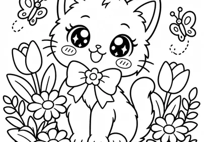 Adorable Cartoon Cat with Butterflies and Flowers Coloring Page