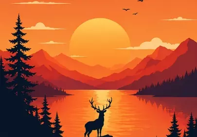 Stunning Sunset Serenity: Deer Silhouette by a Lake
