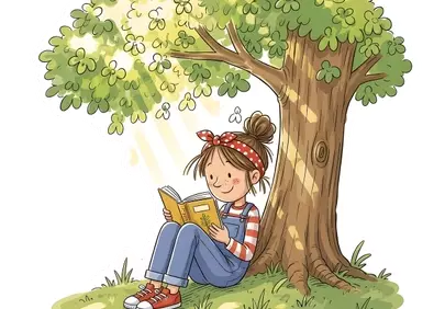 Charming Girl Reads Under Shady Tree Sticker