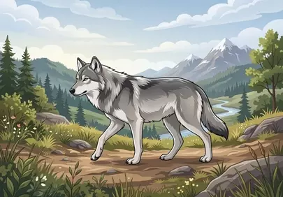 Majestic Wolf Illustration in Serene Mountain Wilderness