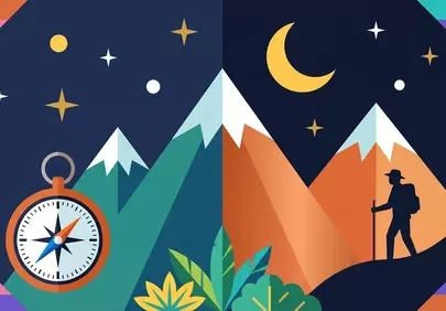 Minimalist Night Adventure: Hiker, Mountains & Stars Illustration