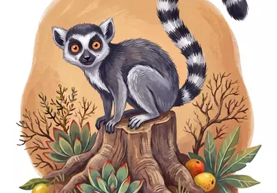 Charming Striped-Tail Lemur Illustration on a Tree Stump