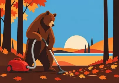 Humorous Autumn Bear Vacuuming Forest Leaves at Sunset