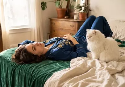 Cozy Catnap: Woman and White Cat Relaxing in Bedroom