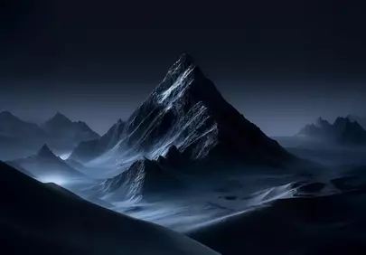 Dramatic Winter Night: Majestic Mountain Peak Amidst Misty Wilderness