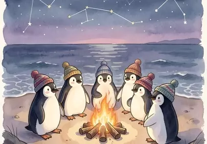 Stargazing Penguins: Whimsical Beach Campfire Under Constellations