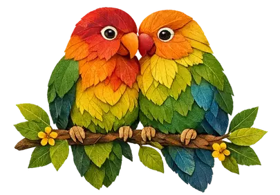 Vibrant Lovebirds: A Romantic Leaf Art Illustration