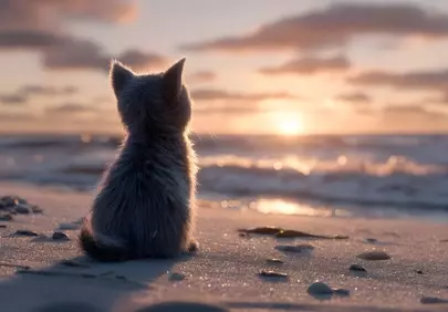 Enchanting Sunset Gaze: A Kitten's Beachside Reverie