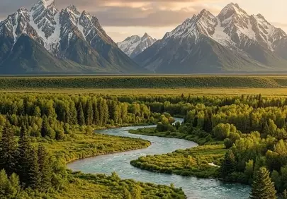 Breathtaking Mountain River Panorama at Golden Hour