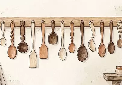 Charming Hand-Carved Wooden Spoons: A Rustic Kitchen Display
