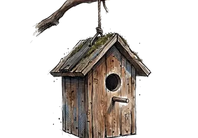Rustic Charm: Hand-Drawn Birdhouse Illustration on a Branch