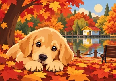 Adorable Golden Retriever Puppy in a Vibrant Autumn Park
