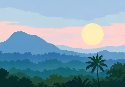 Serene Tropical Dawn: Misty Mountains and Palm Silhouette