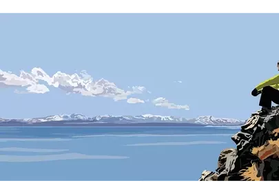 Serene Solitude: Hiker's Panoramic Mountain Lake View