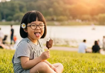 Sunset Sweetness: Joyful Child Enjoying Ice Cream
