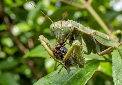 Intense Predator: Praying Mantis Devours Fly in Stunning Macro