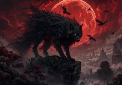 Mystical Crimson Moon: Wolf's Haunting Silhouette in a Gothic Landscape