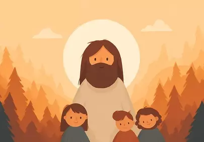 Divine Peace: Jesus and Children in a Serene Forest Dawn